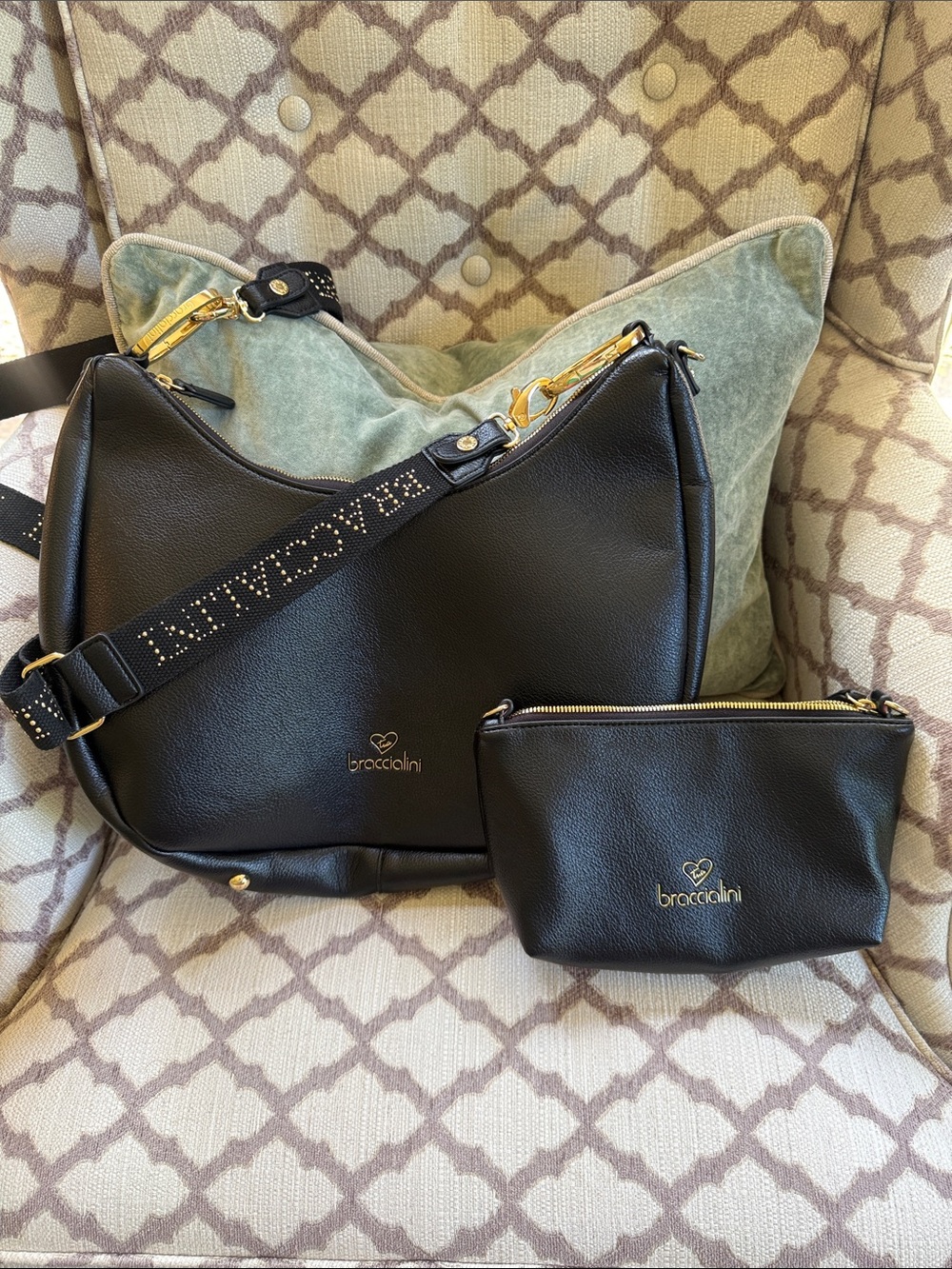 Braccialini Black Pebbled Leather Hobo with Matching Pouch-gorgeous!!